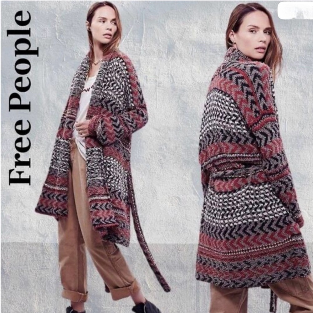 Free People Geometric Hooded Belted Duster Cardigan Boho Knit Size S - Picture 6 of 6